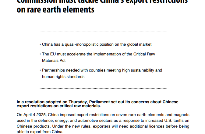 欧洲议会大比数通过决议批「中国垄断稀土」 中方这样回呛