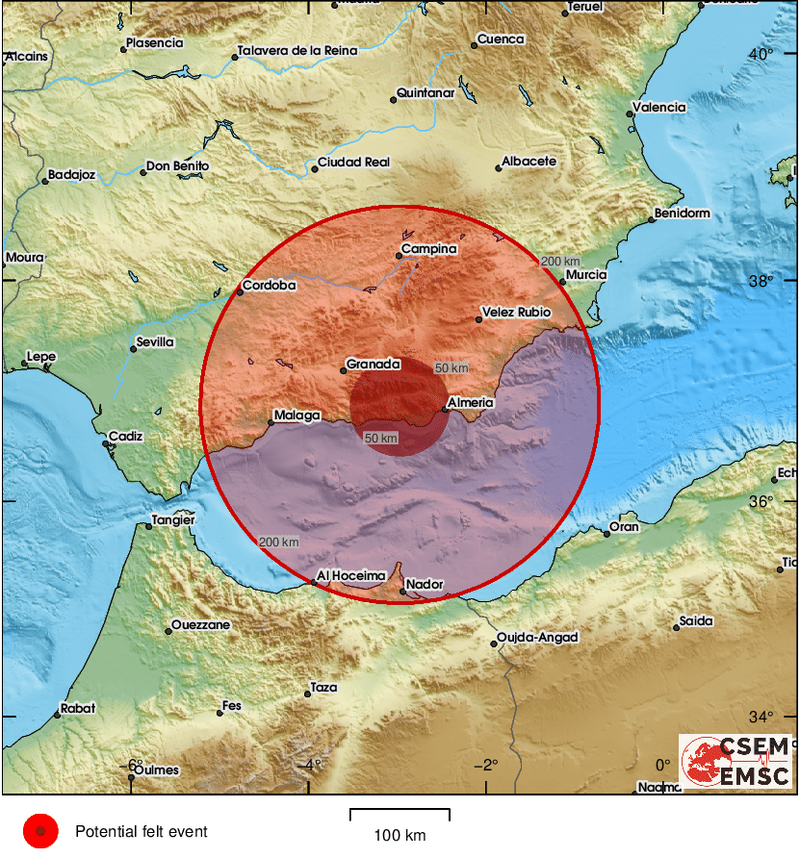 西班牙外海在当地时间14日清晨7点13分(台湾时间14日下午1点13分),发生规模5.2地震,震源深度10公里。(图撷取自@LastQuake 社群平台「X」) 西班牙外海在当地时间14日清晨7点13分(台湾时间14日下午1点13分),发生规模5.2地震,震源深度10公里。(图撷取自@LastQuake 社群平台「X」)