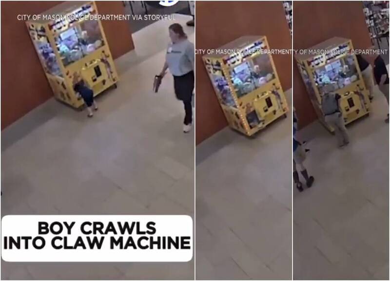 国俄亥俄州一名小男童日前在社区中心玩耍时，竟然自己爬进了娃娃机里受困，所幸消防人员和警方到场后顺利将他救出，男童无大碍，还开心地把抓到的娃娃送给妈妈。（图撷自「@AppleSeedTX」Threads、本报合成）