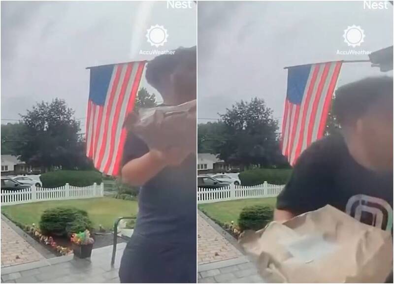 美国纽泽西州周一遭遇强烈雷雨侵袭，惊险一幕也被家庭监视器全程录制，27岁披萨外送员在送餐途中，几乎被闪电击中，所幸人毫发无伤。（图撷自「@accuweather」X、本报合成）
