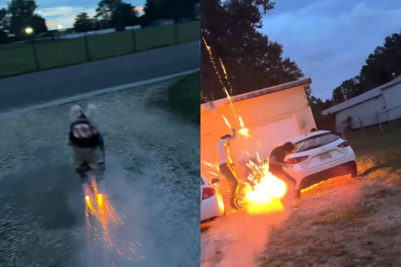 美国一名网友将Labubu绑上烟火，没想到在后方看热闹的友人直接被玩偶「反击」。（本报合成，撷取自andrewjalbrecht/Instagram）