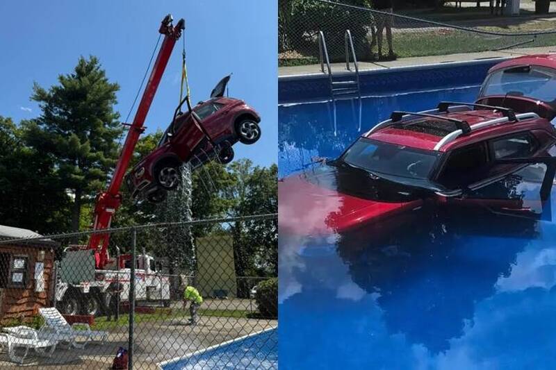 美国一处露营区惊见一辆红色休旅车冲破栅栏,直直开进露营区内的游泳池。(图截自Facebook/Monson Fire Department) 美国一处露营区惊见一辆红色休旅车冲破栅栏,直直开进露营区内的游泳池。(图截自Facebook/Monson Fire Department)