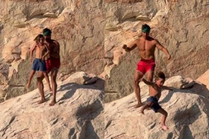 7岁男孩落水瞬间尖叫，父亲随后跳下陪伴。（图撷取自Instagram@thebucketlistfamily）