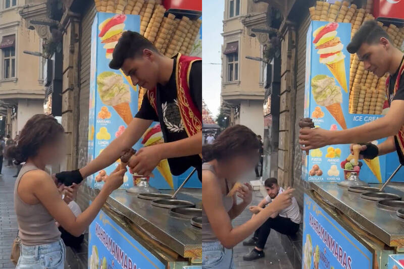 一名女游客在买土耳其冰淇淋期间,摊贩竟直接将甜筒塞进其乳沟。(本报合成,撷取自reddit) 一名女游客在买土耳其冰淇淋期间,摊贩竟直接将甜筒塞进其乳沟。(本报合成,撷取自reddit)