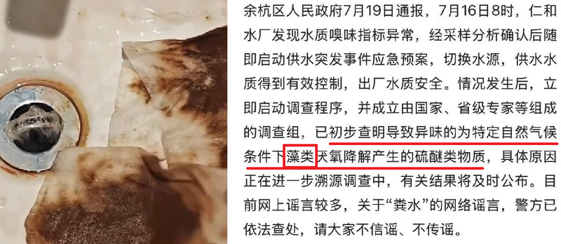 中国杭州余杭区自来水被指渗入粪水,杭州市官方发布调查通报坚称是水中藻类造成。(撷取自X平台、微博;本报合成) 中国杭州余杭区自来水被指渗入粪水,杭州市官方发布调查通报坚称是水中藻类造成。(撷取自X平台、微博;本报合成)