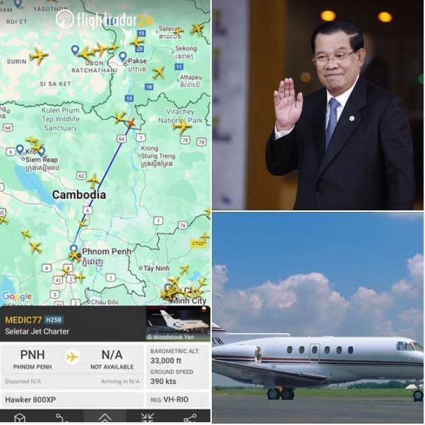 泰国脸书粉专「Army Military Force – สำรอง」,今引述flightradar24资讯发文表示,洪森编号MEDIC77的私人专机Hawker 800XP,已从柬埔寨的首都金边起飞,正在飞往中国当中。(取自粉专「Army Military Force – สำรอง」) 泰国脸书粉专「Army Military Force – สำรอง」,今引述flightradar24资讯发文表示,洪森编号MEDIC77的私人专机Hawker 800XP,已从柬埔寨的首都金边起飞,正在飞往中国当中。(取自粉专「Army Military Force – สำรอง」)