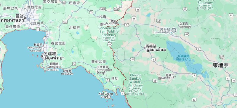 泰国军方宣布在尖竹汶府(Google地图称庄他武里)与达叻府的8个地区实施戒严。(撷取自Google地图) 泰国军方宣布在尖竹汶府(Google地图称庄他武里)与达叻府的8个地区实施戒严。(撷取自Google地图)