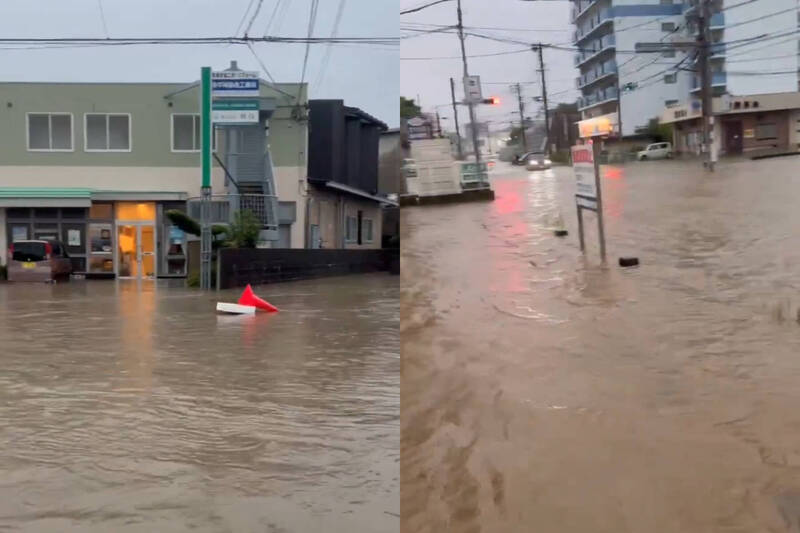 日本福冈县宗像市暴雨成灾,民众纷纷将淹水灾情Po到社群。(本报合成,撷取自@maruedazo、@ichi_bi/X) 日本福冈县宗像市暴雨成灾,民众纷纷将淹水灾情Po到社群。(本报合成,撷取自@maruedazo、@ichi_bi/X)