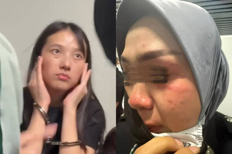 中国女子（左）因不满出境遭拦，当场痛殴马来西亚移民官员。（本报合成，撷取自@rizalhakimm_punyer/Threads）