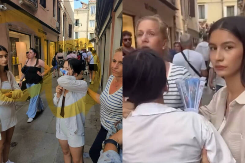 美国一名女子(条纹衣)在威尼斯遭遇扒手,狠狠抓住对方头发等待警方到来。(本报合成,撷取自@karismcelroy/TikTok) 美国一名女子(条纹衣)在威尼斯遭遇扒手,狠狠抓住对方头发等待警方到来。(本报合成,撷取自@karismcelroy/TikTok)