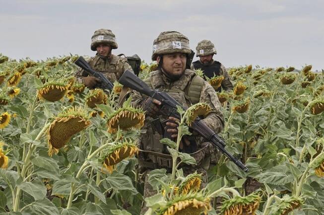 乌克兰士兵在札波罗热地区的向日葵花田中进行军事演练。尽管西方领袖正积极斡旋和平，但分析指出，若无法获得坚实的安全保证与有利的停火条件，乌克兰将别无选择，只能继续战斗。（美联社档案照）