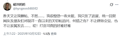 被以“寻衅滋事罪”刑事拘留的荷兰留学生胡洋的母亲遭当局施压删帖