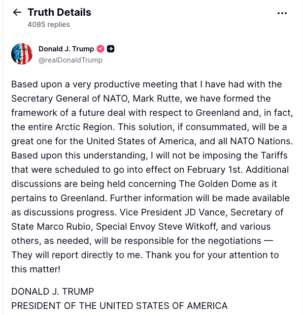 最新！川普：已建立格陵兰协议架构 暂缓征关税