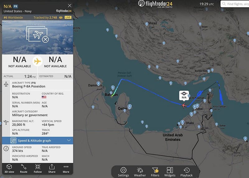 往返或途经以色列的国际航班已出现大规模避让与返航潮。图为波音P-8海神式海上巡逻机航线数据。 图：翻摄自 X