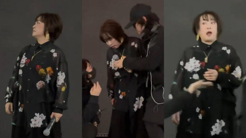 大槻真希28日在上海演出到一半，突被强制中断、并被带离舞台，惊讶表情在网络上疯传。 （翻摄自X）