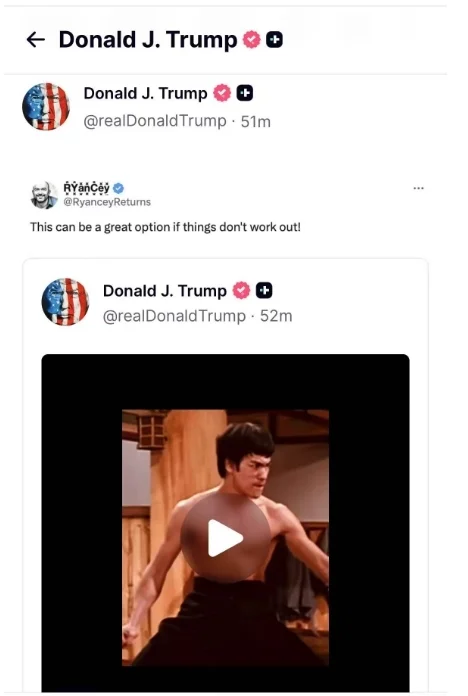 特朗普突然转发李小龙视频：如果事情进展不顺利....