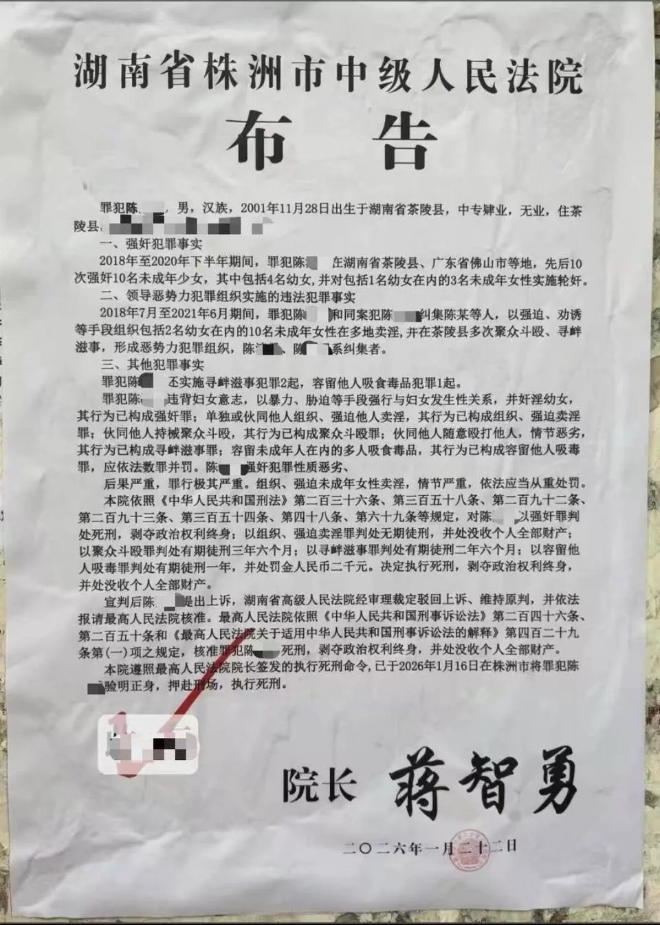 强奸幼女、组织卖淫......湖南株洲一男子被执行死刑