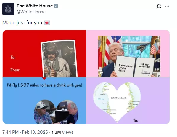 白宫带头玩梗!情人节画风突变 全球网友刷屏围观