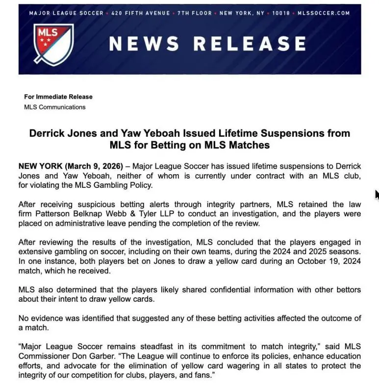 美职联宣布对叶博亚禁赛图/美职联官网