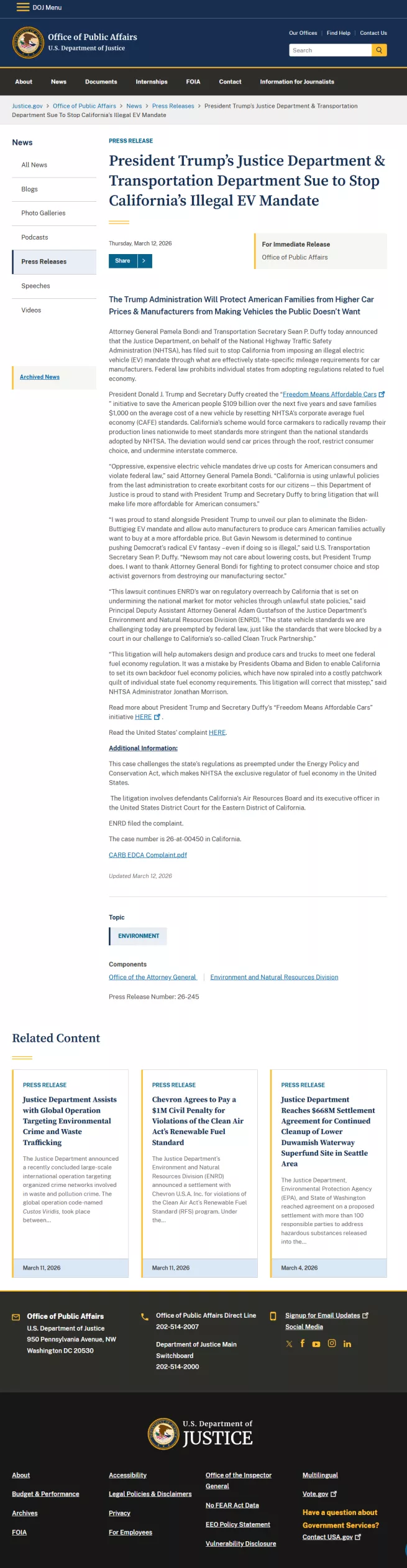 司法部起诉加州政府:打着节能旗号变相强制电车