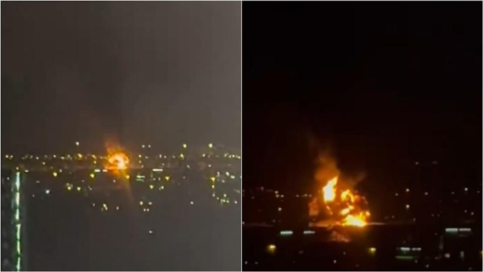 杜拜國際機場驚傳遭到無人機襲擊，現場火勢猛烈，不斷竄出陣陣濃煙。（圖／翻攝自X平台）