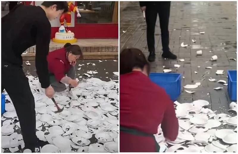 中國一名餐廳老闆直接將店內約600套盤子全都砸碎。（圖翻攝自微博）