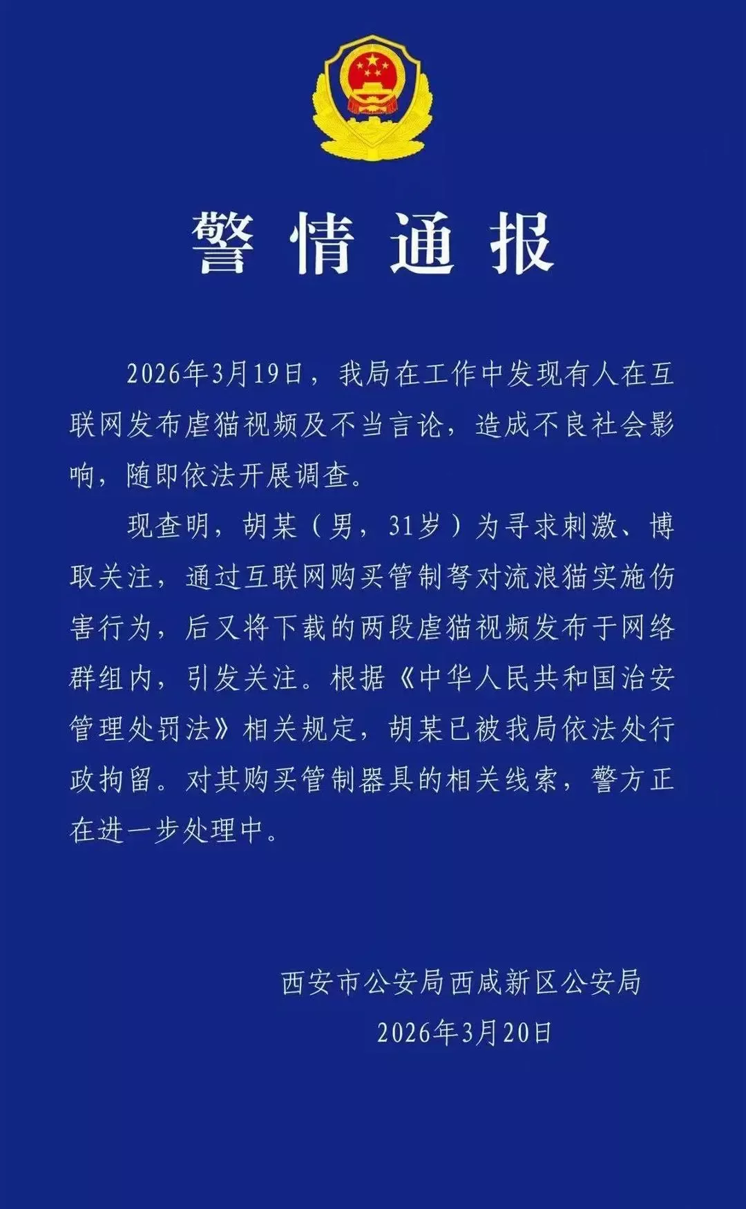 网购管制弩射杀流浪猫 发虐猫视频 西安男子被拘留