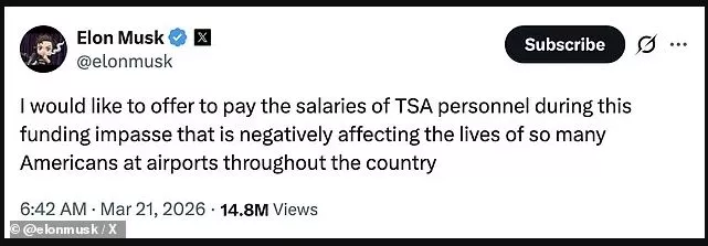 美国机场因安检欠薪陷混乱 马斯克要替政府发工资