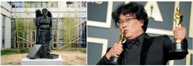 左图:韩国电影开拓者之一罗云奎的塑像。摄影/本刊记者 倪伟 右图:2020年2月9日,电影《寄生虫》的导演奉俊昊出席第92届奥斯卡颁奖礼。图/视觉中国