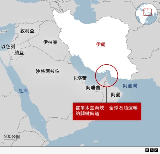 地图显示霍尔木兹海峡位于阿曼湾，是全球石油运输的重要航道。海峡位于伊朗与阿联酋、阿曼所在半岛之间。地图亦标示更广泛的中东国家，包括沙特阿拉伯、伊拉克、约旦与以色列。